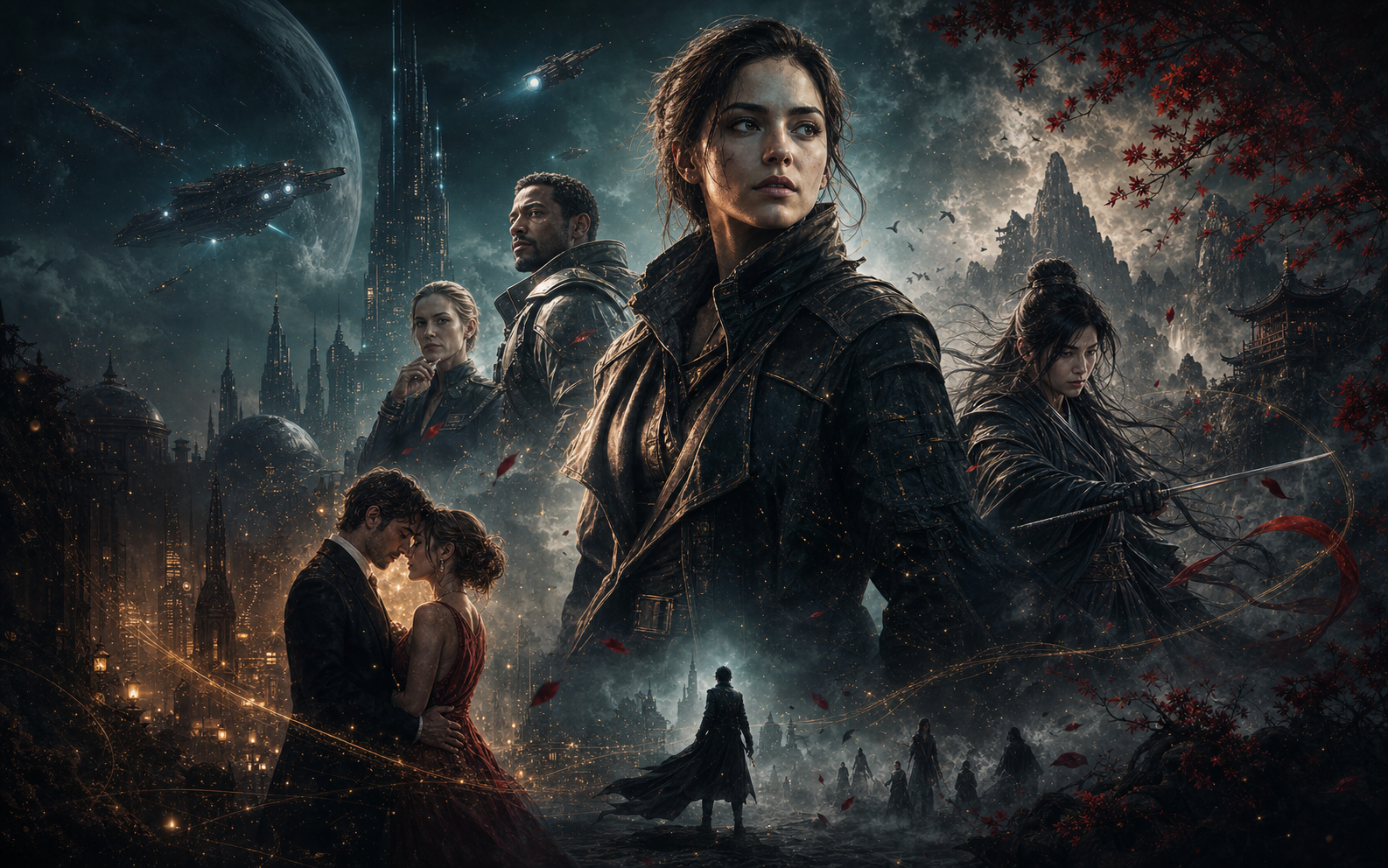 A cinematic adult-fiction ensemble with one main character surrounded by romance, science fiction, and Chinese martial arts fantasy figures.
